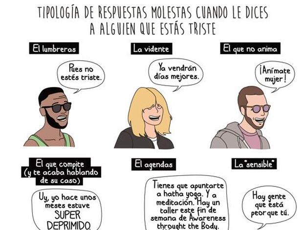 Tipología de las respuestas de cuando le dices a alquien que estás triste/Lucía Taboada / Ilustraciones: Raquel Córcoles