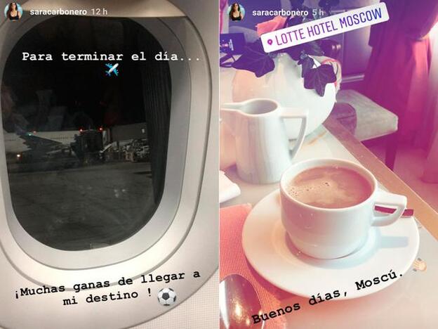 Estas son las dos imágenes que Sara Carbonero ha colgado en sus 'stories' de Instagram mostrando su viaje y que ya está en el Mundial de Rusia 2018.