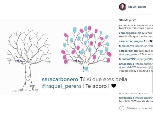 Contestación de Sara Carbonero a la felicitación de su amiga Raquel en Instagram.