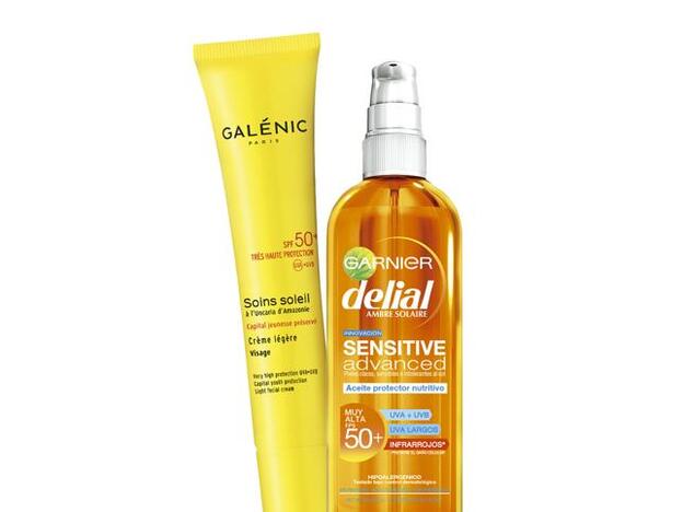 Soins Soleil Crema ligera de rostro SPF50+ de Galénic (15,54 €). Delial Aceite Sensitive Advanced SPF50 de Garnier (10,50 €).