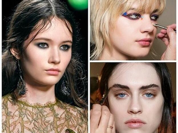 Ahumado que combina negro y gris en el desfile de Ferretti. Maquillado "ojos de gata" adornado con detalles de fantasía para Fendi. Sombreado amplio en beige goloso en la modelo de Boss