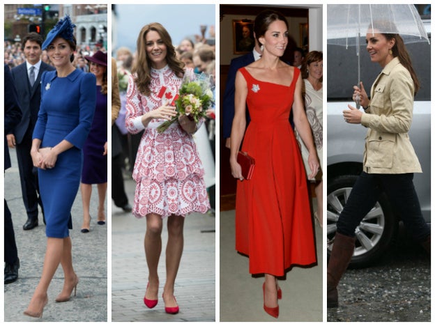 De izq. a dcha.: Kate Middleton con vestido de Jenny Packham, vestido estampado de Alexander McQueen, vestido rojo de Preen y trench de Holland and Holland (combinado con jeans de Zara, eso sí).