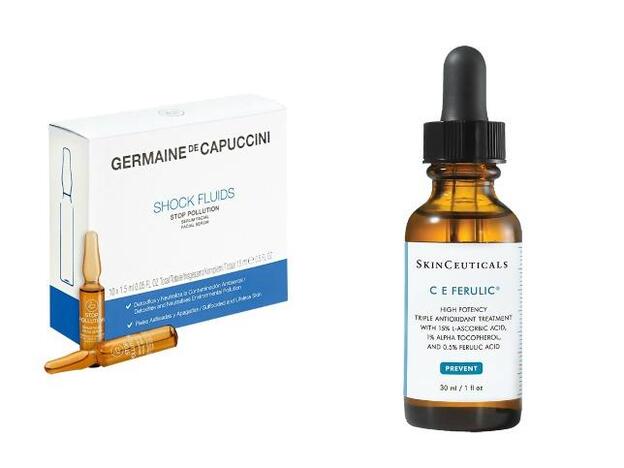 Shock Fluids Stop Pollution de Germaine de Capuccini (23,50 €). CE Ferulic de Skinceuticals (148 €)