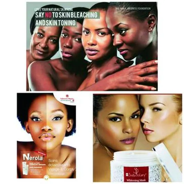 Abajo los anuncios sobre las bondades de la piel clara, y arriba, campaña del Gobierno ghanés defendiendo el color natural...