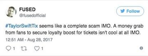 El tweet de un indignado: "#TaylorSwiftTix parece un timo. Coger dinero de los fans para asegurar éxito de venta no mola"