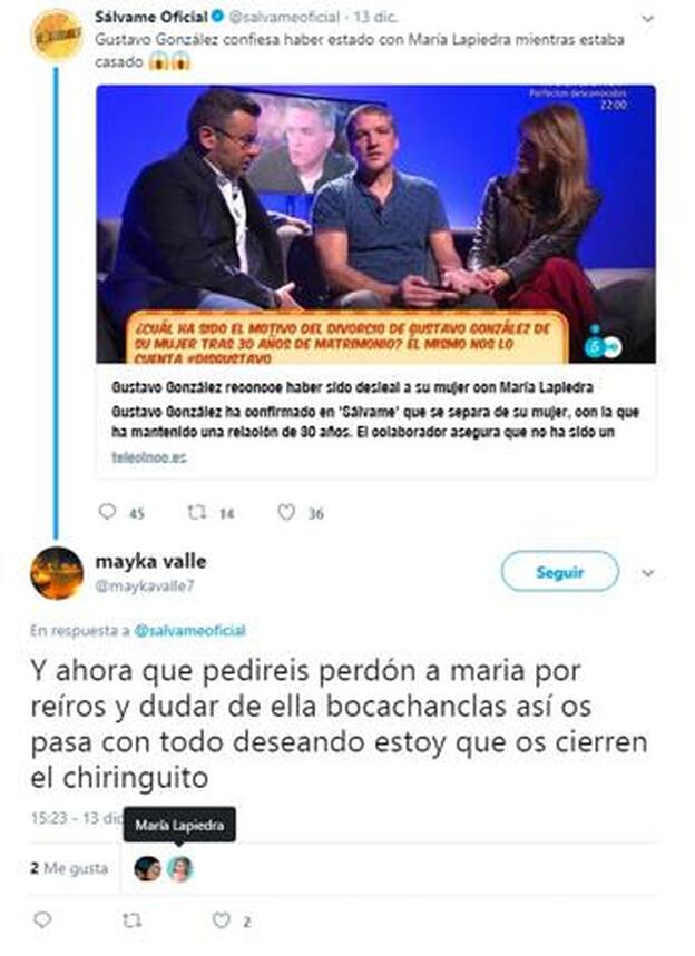 Tweet al que María Lapiedra ha dado 'like' en el que se dice que deben cerrar Sálvame.