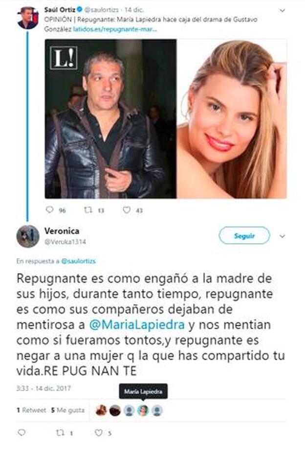 Tweets a los que María Lapiedra ha dado 'like' en los que tachan a Gustavo de repugnante.