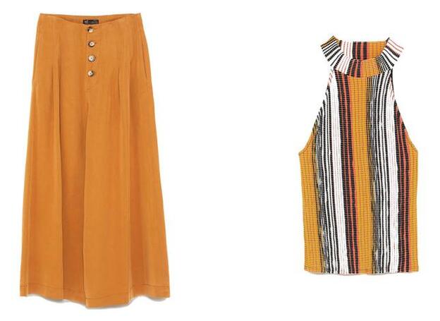 Pantalón 'cropped' en color ocre y con botones (29,95 euros) y top de rayas de canalé (12,95 euros).