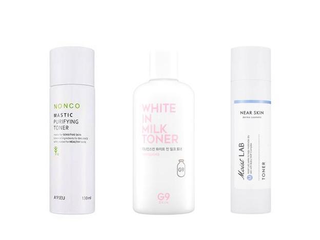 Mastic Purifying Toner de Monco para Planet Skin (18,90 €), White In Milk Toner de G9 Skin para Miin Cosmetics (26,99 €) y Moist Lab Toner de Near Skin Glam para Soko Glam (15 €).