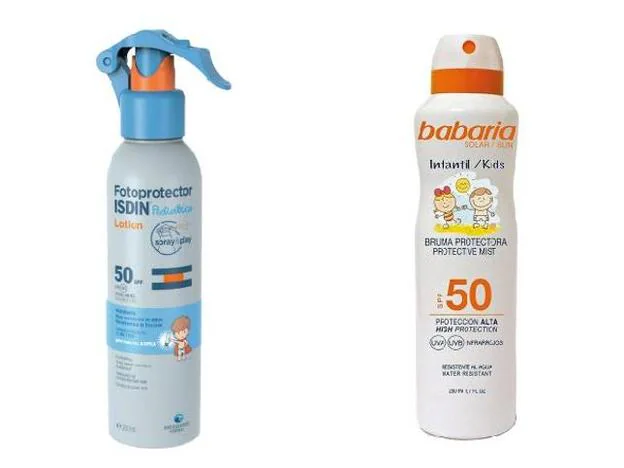 Fotoprotector Lotion Spray Pediatrics SPF50 de Isdin (22,95 €). Bruma Protectora Infantil SPF50 de Babaria (c.p.v.)