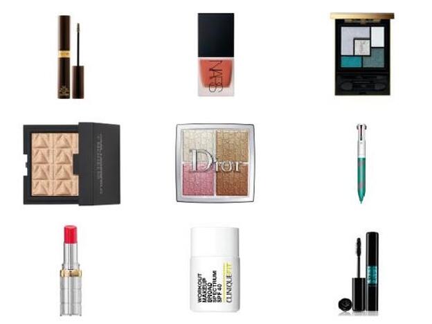 1. The Tom Ford Face Collection Fiber Brow Gel de Tom Ford (76 €). 2. Liquid Bludh en tono Hot Tin Roof de Nars (32 €). 3. Urban Escape Couture Palette Collector de Yves Saint Laurent (53 €). 4. Paleta de sombras Born to Run de Urban Decay (49 €). 5. Dior Backstage Glow Face Palette en tono Universelle 001 de Dior (49 €). 6. Stylo 4 Couleurs Edición Limitada Verano 2018 de Clarins (49 €). 7. Barra de labios Color Riche Shine en tono nº 109 de L’Oréal Paris (13,95 €). 8. CliniqueFit base de maquillaje Workout Makeup Broad Spectrum SPF40 de Clinique (34 €). 9. Máscara de pestañas Monsieur Big Waterproof de Lancôme (32 €).