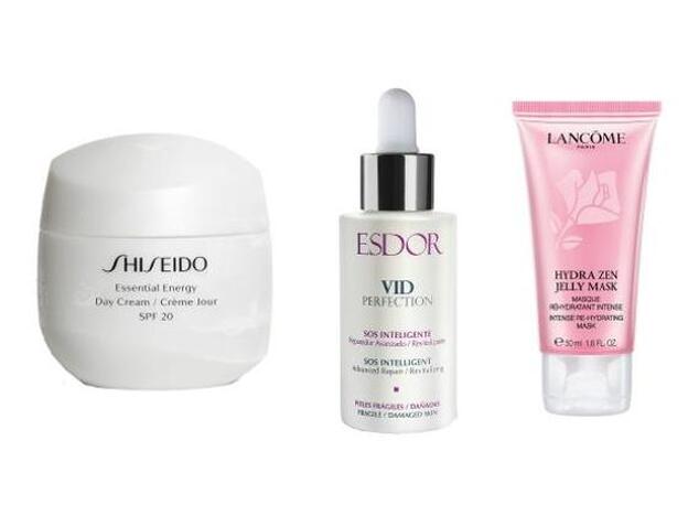 Essential Energy Day Cream SPF20 de Shiseido (73 €). / Suero S.O.S. Inteligente de Esdor (53,80 €). / Rose Jelly Mask Mascarilla Gel de Lancôme (49 €).