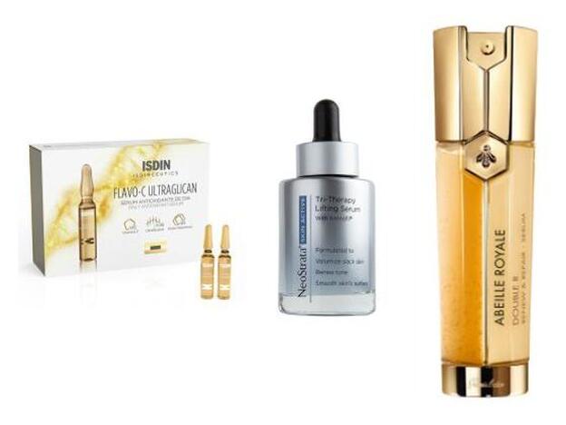 Isdinceutics Flavo-C Ultraglican de Isdin (38,50 €). / Skin Active Tri-Therapy Lifting Sérum de Neostrata (79,50 €). / Abeille Royale Sérum Doble R Renew &amp; Repair de Guerlain (135,50 €).