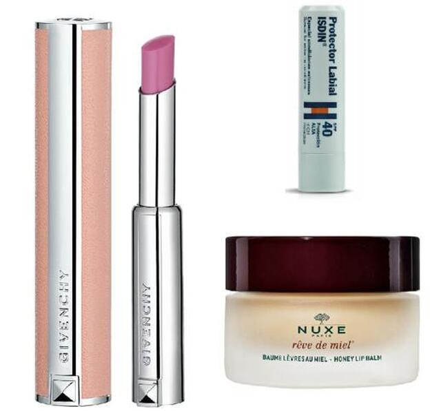 1. Rêve de Miel Bálsamo de labios con Miel Ultra-Nutritivo y reparador de Nuxe (9,90 €). 2. Le Rouge Perfecto en tono Perfect Pink de Givenchy (36,50 €). 3. Protector Labial SPF40 de Isdin (5,35 €)..