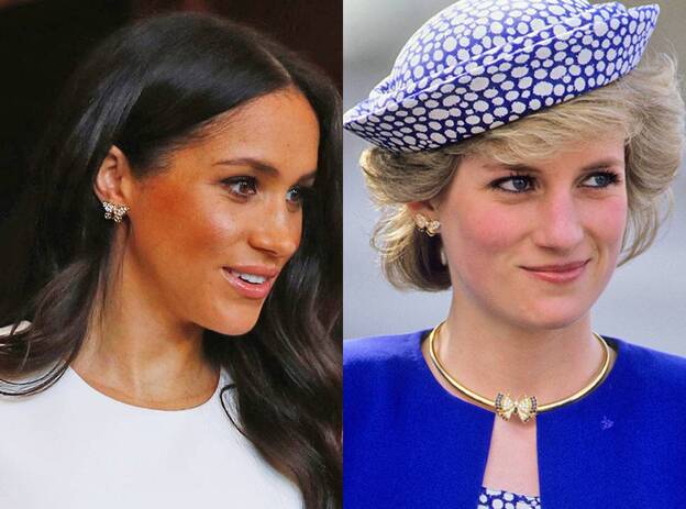 La princesa Diana ya lució esos mismos pendientes, a juego con un collar. Meghan ha preferido llevarlos con una pulsera del mismo juego.