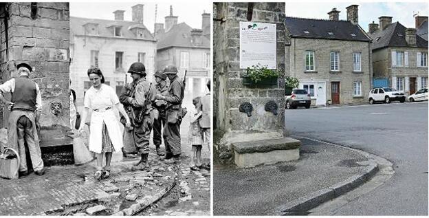 En esta esquina de la villa francesa de Sainte-Marie-du-Mont una placa conmemorativa recuerda lo que ocurrió aquel junio de 1944 (a la izquierda). A la derecha, la imagen tomada siete décadas después, en 2014.