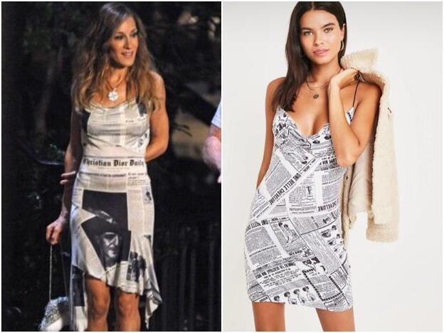 Carrie Bradshaw con vestido de estampado 'newspaper'.