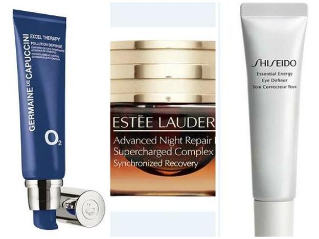 Excel Therapy O2 Pollution Defense Contorno de Ojos Oxigenante Activador de Juventud, de Germaine de Capuccini (37 €). / Essential Energy Eye Definer, de Shiseido (58 €). / Advanced Night Repair Eye Supercharged Complex Synchronized Recovery, de Estée Lauder (64 €).