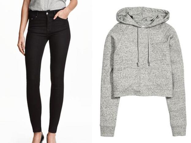 1. Jeans skinny en color negro de H&M 19,99 euros/2. Sudadera gris corta de H&M 14,99 euros.