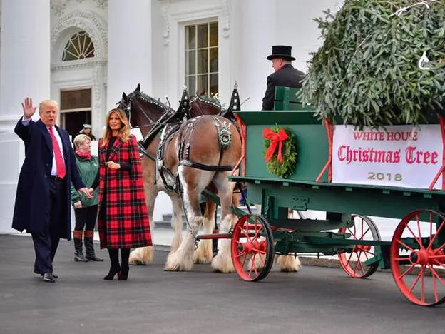 Melania y Donald Trump recibiendo el árbol de Navidad de la Casa Blanca./Gtres