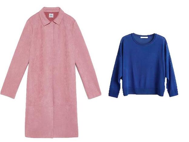 1. Abrigo de ante rosa de Zara (29,95 euros) / 2. Jersey de punto fino en color azul (9,99 euros).