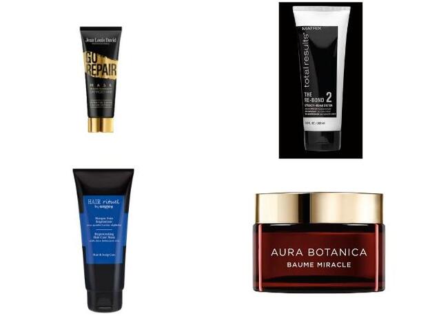 1. Mascarilla Go Repair Mask de Jean Louis David (17 €). 2. Re-Bond Pre Acondicionador de Matrix (12,20 €). 3. Hair Rituel Masque Soin Regenerante aux Quatre Huiles Vegetales de Sisley (75 €). 4. Aura Botanica Baume de Kerastase (39,95 €).