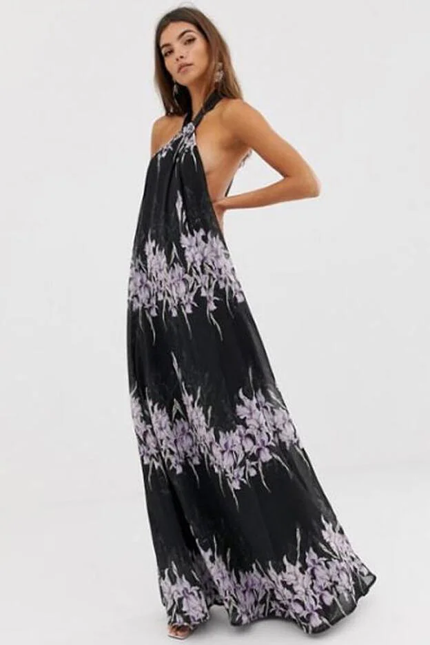 Este vestido largo con estampado floral y espalda descubierta de Asos nos parece una buenísima opción para tus 'looks' de invitada esta primavera.