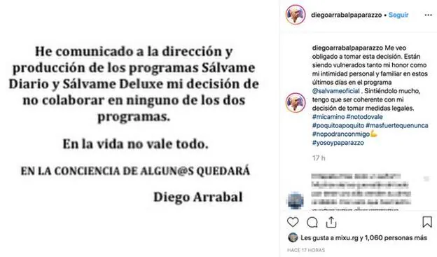 La publciación con la que Diego Arrabal anuncia que deja el programa.