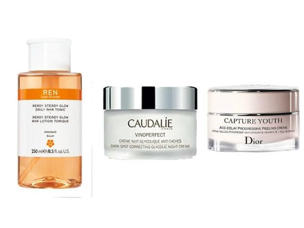 1. Ready, Steady Glow AHA Tonic de REN (44 euros). 2. Vinoperfect Crema de Caudalie (33,60 euros). 3. Capture Youth Age Delay Progressive Peeling Crème de Dior (97 euros).