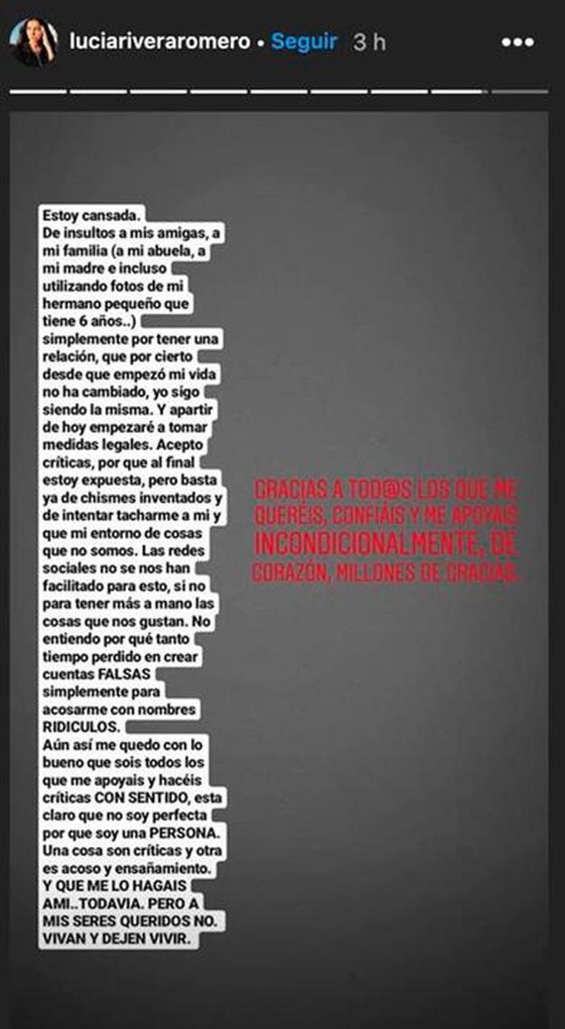 Este es el mensaje que ha colgado Lucía Rievra en su cuenta de Instagram.