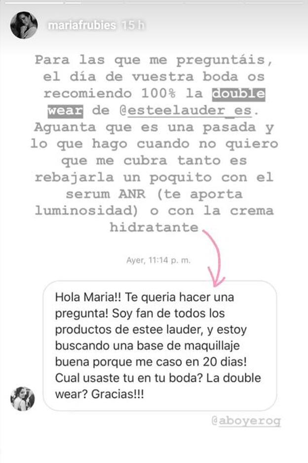 María Fernández-Rubíes revelaba su base de maquillaje favorita a una de sus seguidoras a través de stories.