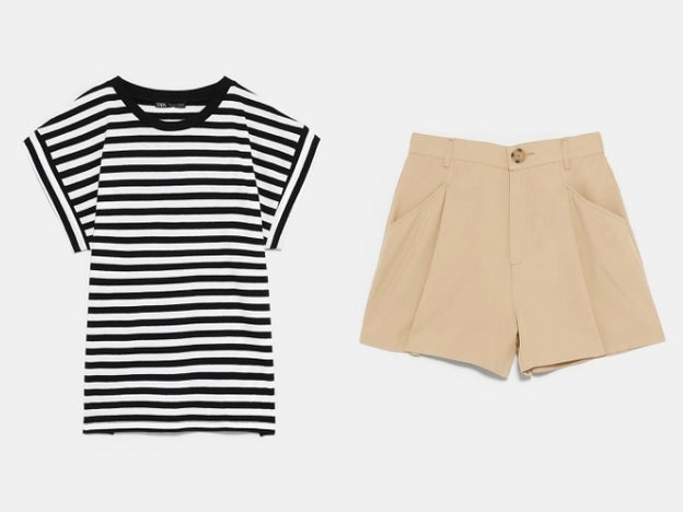 Camiseta básica rayas. (5,95 euros). Bermudas camel claro. (19,95 euros). Todo de Zara.