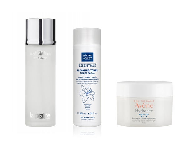 Crystal Micelar Water de La Prairie (119 €). Blooming Toner de MartiDerm (15,50€). Hydrance Aqua Gel de Avène (30,80€).