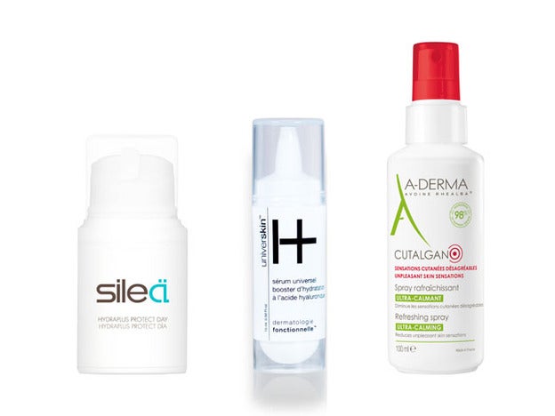 Hydraplus Protect Day Cream de Sileä (30 €). Booster Hidratante de Universkin (55 €). Spray Refrescante Ultra-calmante Cutalgain de A-Derma (11,09 €).