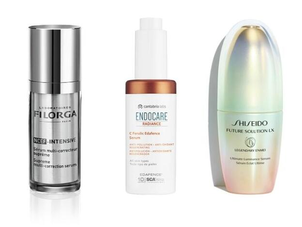 1. Filorga NCEF-Intensive: Sérum Multi-Corrección Suprema (81,90 €). 2. Cantabria Labs Endocare Radiance C Ferulic Edafence Sérum (69,91 €). 3. Shiseido Future Solution LX Legendary Enmei Serum (495 €).