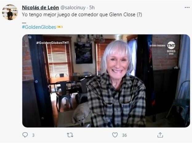 Glenn Close en la ceremonia de los Globos de Oro en lo que suponemos que es su casa.