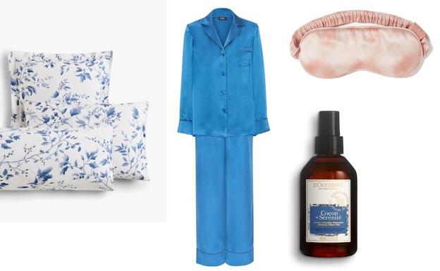 Pijama de seda, de Mirto (350€); antifaz de Slip (55€); funda nórdica de Zara Home (45,99€); y bruma de almohada Cocon de Sérénité, de L´Occitane (19,50€).
