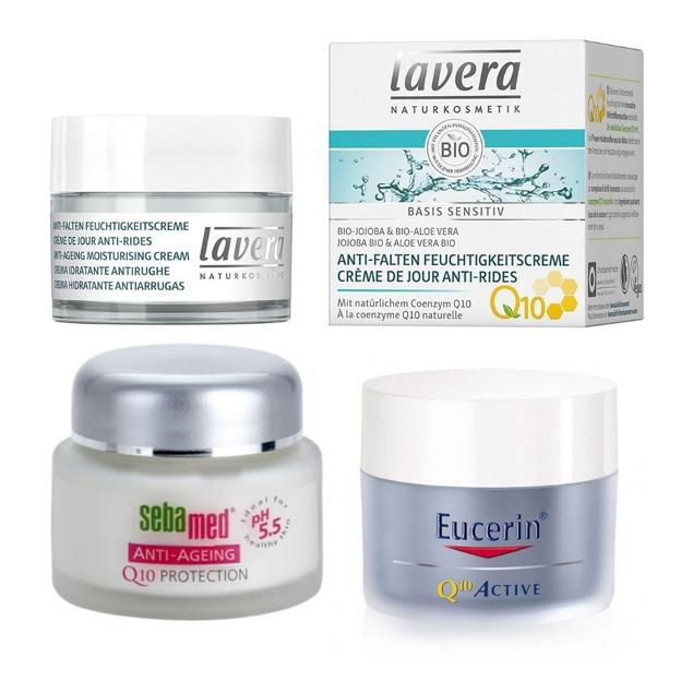 Lavera crema de día antiarrugas (13,26 euros), Anti-Ageing de Sebamed (12,90 euros) y Q10 Noche Antiarrugas Ph5 de Eucerin (18,11 euros).