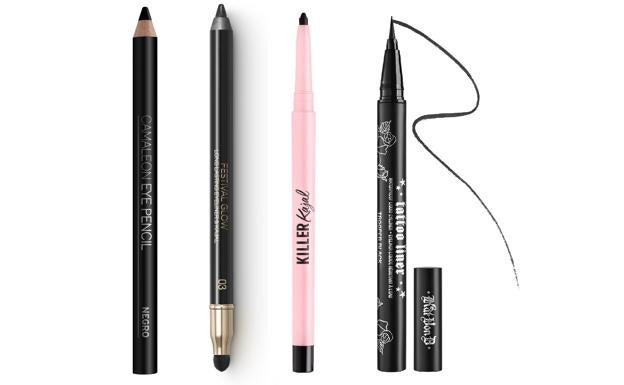 CAMALEON COSMETIC. Camaleon Eyepencil (3,50 €, en farmacias). KIKO MILANO. Long Lasting Eyeliner Kajal (8,99 €). TOO FACED. Eyeliner intenso Killer Kajal (18,99 €, en Sephora). KVD BEAUTY. Eyeliner gráfico Tattoo Liner (21,99 €).