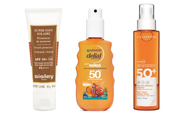 1. sisley. Tratamiento Solar Protector de Juventud Super Soin Solaire (155 €). 2. delial. Spray Protector Eco-diseñado SPF 50+ para niños de Nemo (14,50 €). 3. clarins. Eau-en-Brume Solaire SPF 50 para el cuerpo (32,50 €).