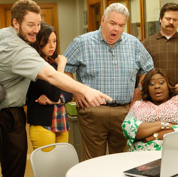 Pratt, Plaza, O'Heir, Offerman y Retta en un momento de Parks and Recreation.