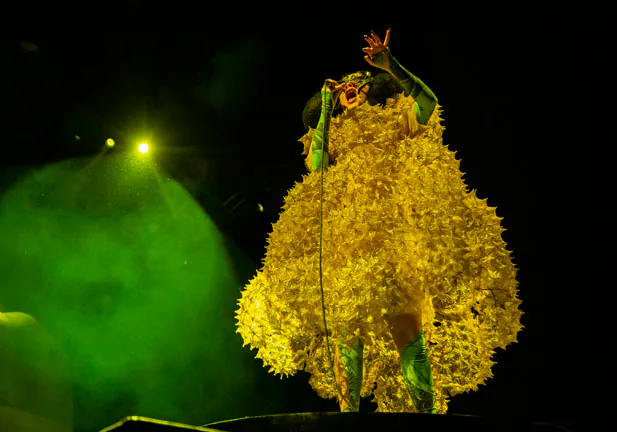 SAN FRANCISCO, CALIFORNIA - FEBRUARY 08: Bjork performs onstage during her 'Cornucopia' tour at Chase Center on February 08, 2022 in San Francisco, California. (Photo by Santiago Felipe/Getty Images for ABA)/