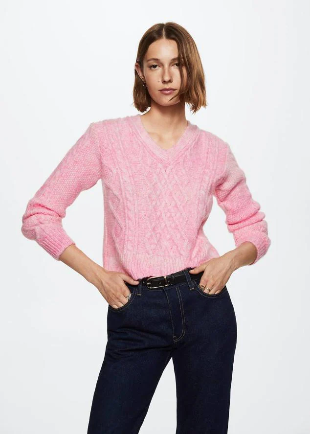 Zara Knit Jersey con cuello de pico rosa moteado look casual Moda Jerséis Jerséis con cuello de pico 