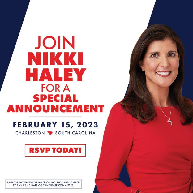 Se espera que el próximo 15 de mayo Haley anuncie su candidatura durante un acto en Charleston, Carolina del Sur.