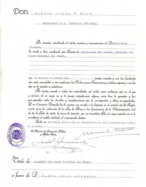 Acta de nombramiento de Pablo Ruiz Picasso como director del Museo del Prado. 