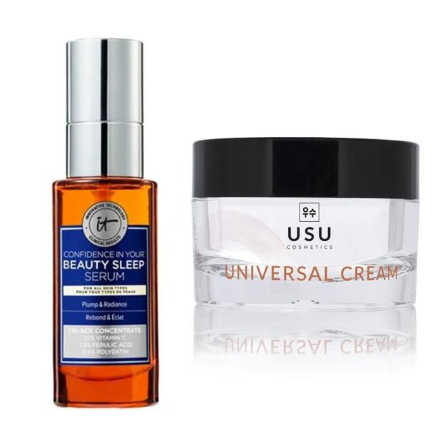 Confidence In Your Beauty Sleep Serum de IT Cosmetics y Universal Cream de Usu Cosmetics.