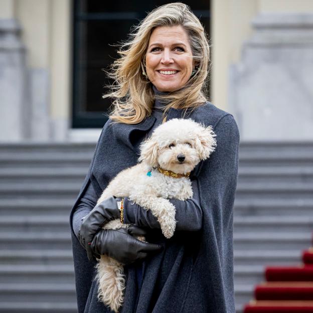 Máxima de Holanda, de gris, posa con su mascota. 