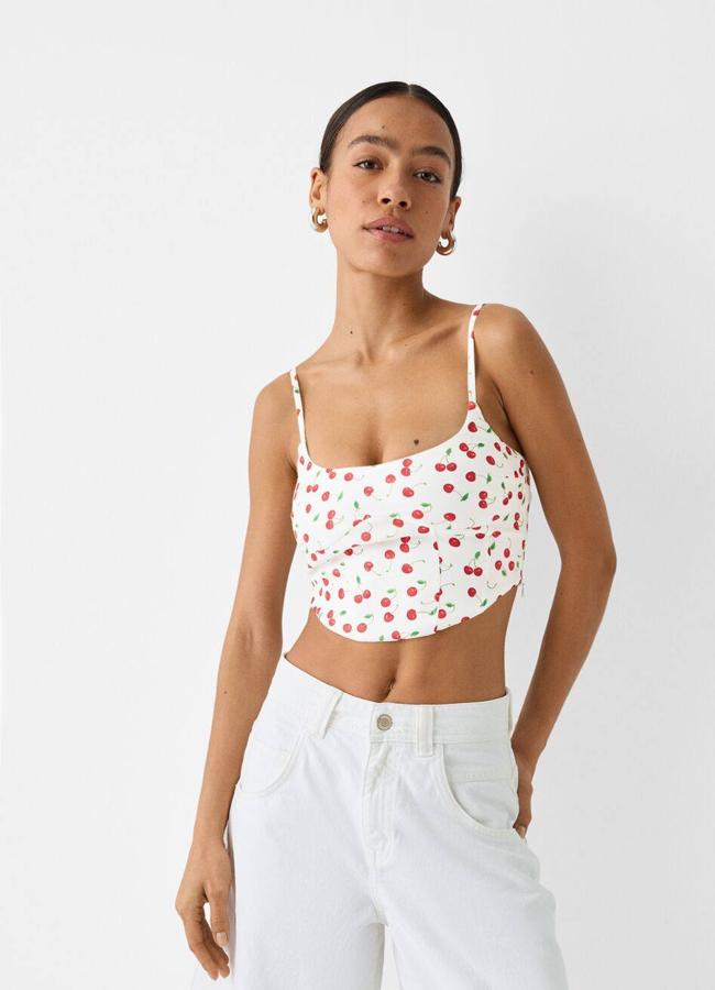 Top corsetero con estampado de cerezas