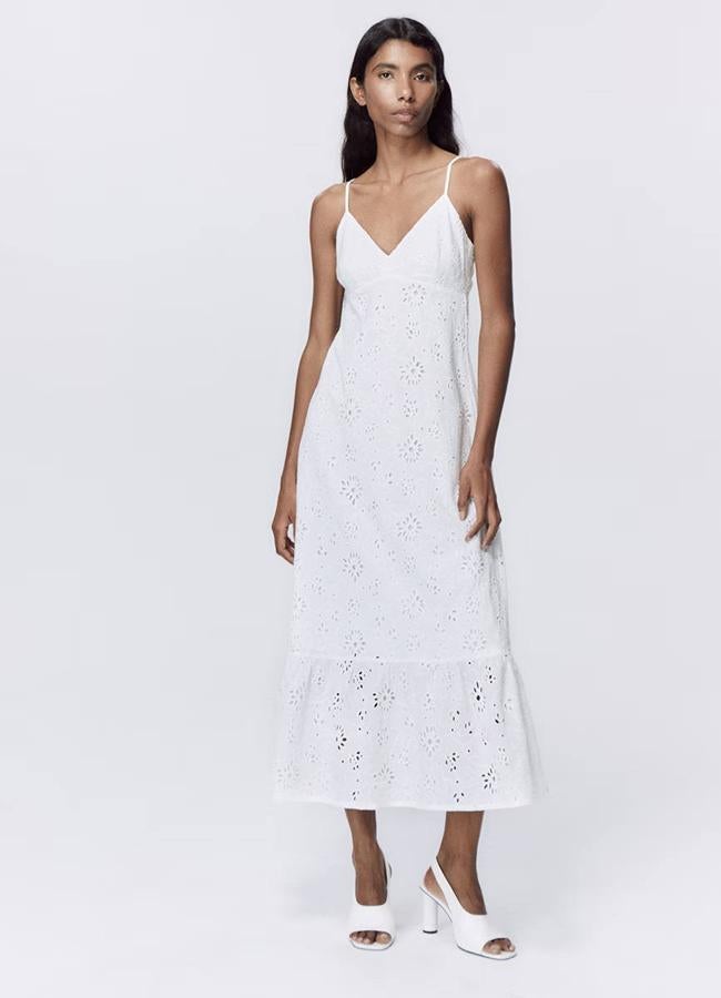 Vestido midi de tirantes con bordado inglés blanco