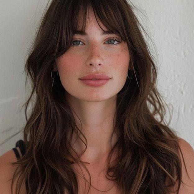 Corte de pelo largo con curtain bangs estilo boho